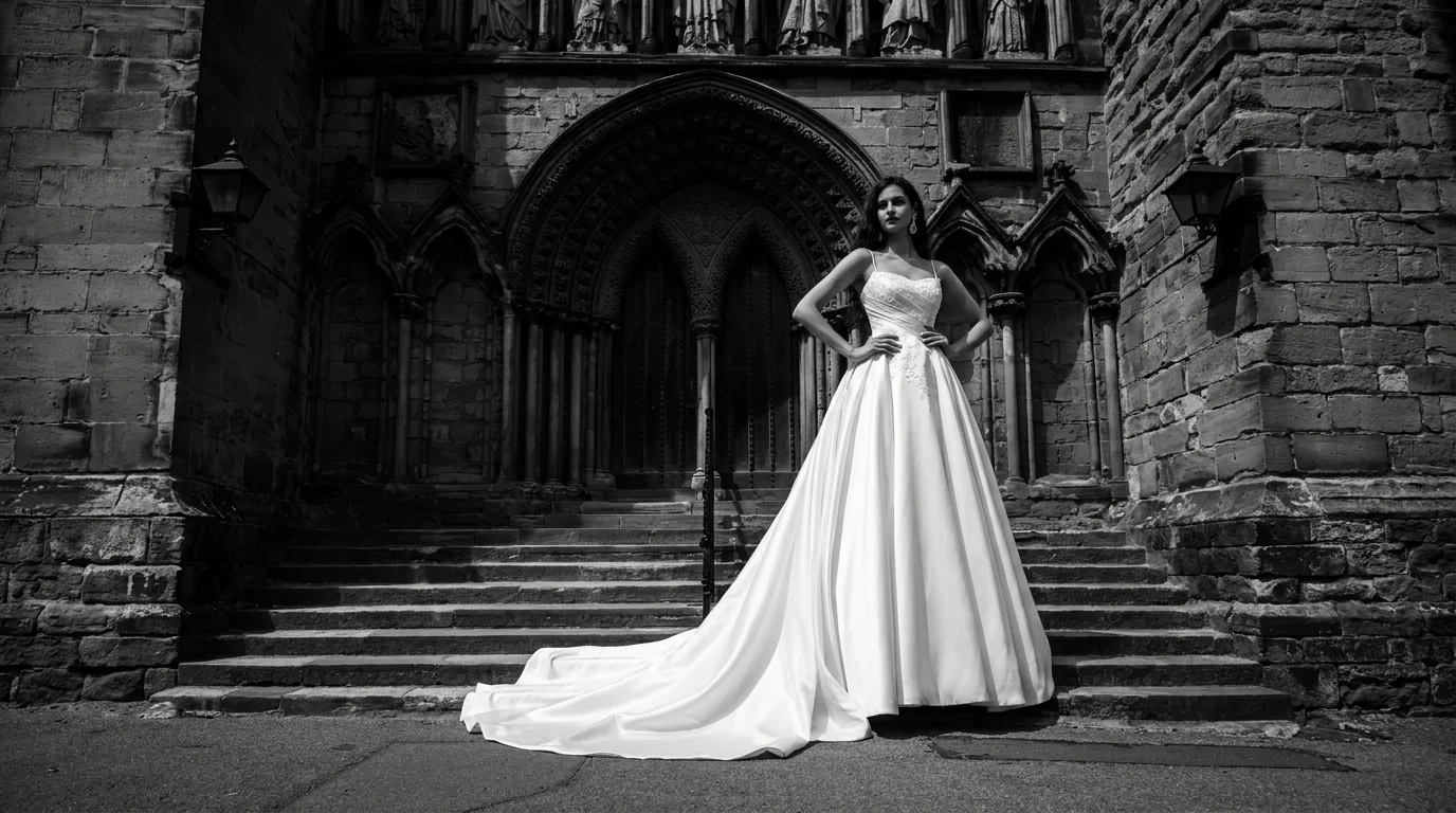 Bride in a ball gown at the foot of a Gothic cathedral entrance — BOE editorial