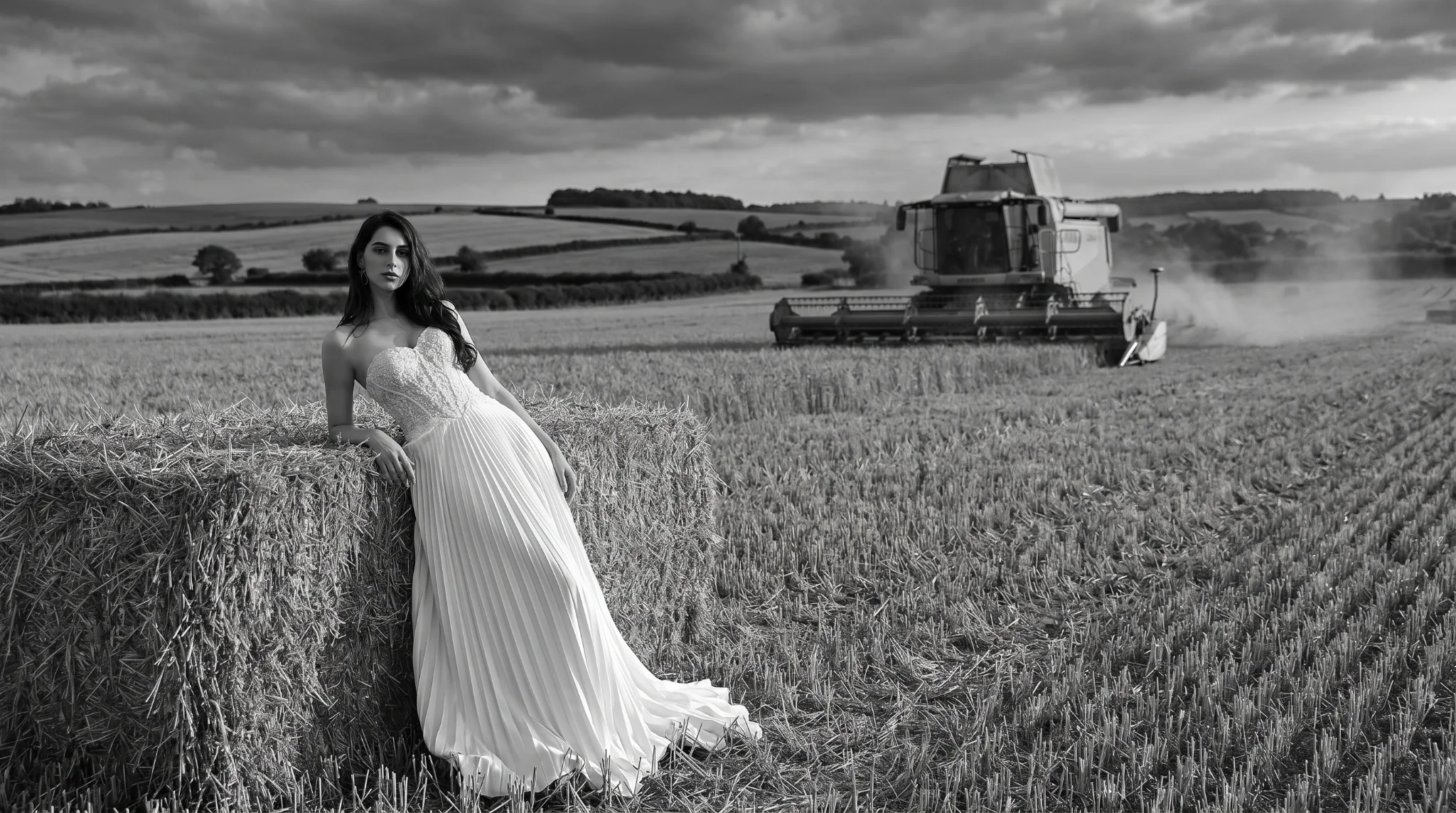 Bride in a Staffordshire wheat field beside a combine harvester — BOE campaign